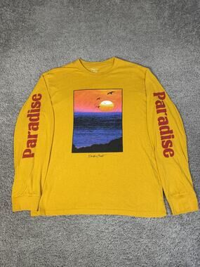 FOREVER 21 Shirt Mens L Yellow Paradise Sunset Graphic Long Sleeve Crew Neck